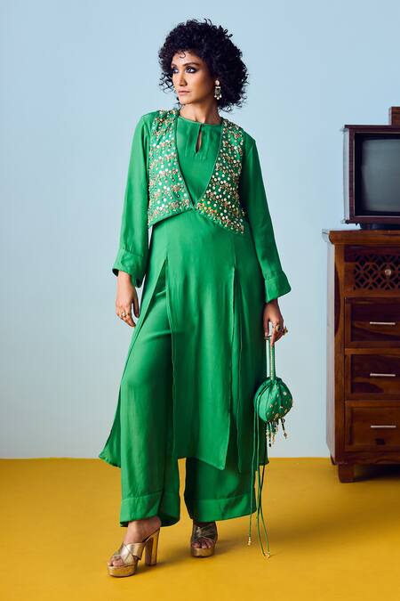 Prahnaaya Green Crepe, Silk Beads, Sequins, Embroidery Round Tora Three-piece Jacket Set Online at Aza Fashions Prahnaaya_Green Crepe, Silk Beads, Sequins, Embroidery Round Tora Three-piece Jacket Set _Online_at_Aza_Fashions
