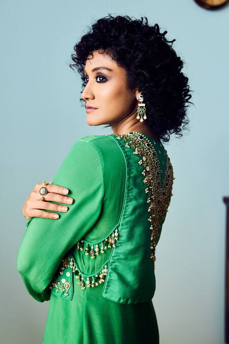 Buy Prahnaaya Green Crepe, Silk Beads, Sequins, Embroidery Round Tora Three-piece Jacket Set Online at Aza Fashions Buy_Prahnaaya_Green Crepe, Silk Beads, Sequins, Embroidery Round Tora Three-piece Jacket Set _Online_at_Aza_Fashions