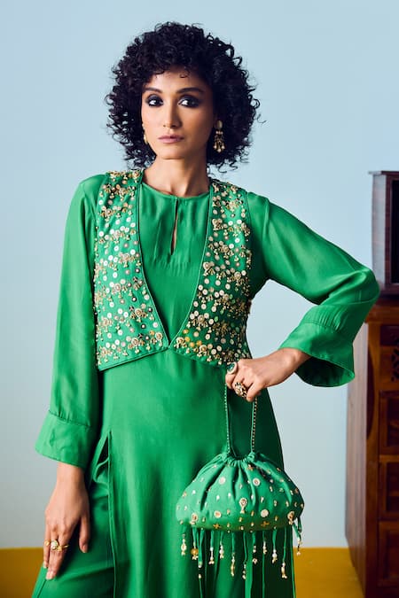 Shop Prahnaaya Green Crepe, Silk Beads, Sequins, Embroidery Round Tora Three-piece Jacket Set Online at Aza Fashions Shop_Prahnaaya_Green Crepe, Silk Beads, Sequins, Embroidery Round Tora Three-piece Jacket Set _Online_at_Aza_Fashions