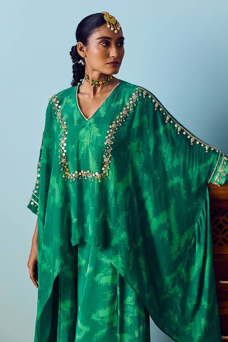 Shop Prahnaaya Green Silk, Crepe Beads, Embroidery, Sequins, Sea Hand-embroidered Kaftan Set Online at Aza Fashions Shop_Prahnaaya_Green Silk, Crepe Beads, Embroidery, Sequins, Sea Hand-embroidered Kaftan Set _Online_at_Aza_Fashions