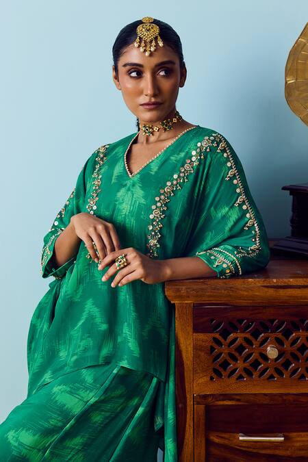 Prahnaaya Green Silk, Crepe Beads, Embroidery, Sequins, Sea Hand-embroidered Kaftan Set at Aza Fashions Prahnaaya_Green Silk, Crepe Beads, Embroidery, Sequins, Sea Hand-embroidered Kaftan Set _at_Aza_Fashions