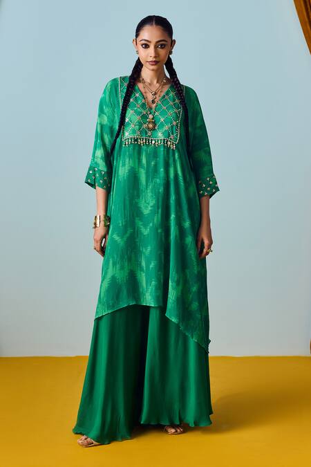 Prahnaaya_Green Crepe, Silk Beads, Embroidery, Sequins, Maia Coral Hand-embroidered Set _Online_at_Aza_Fashions