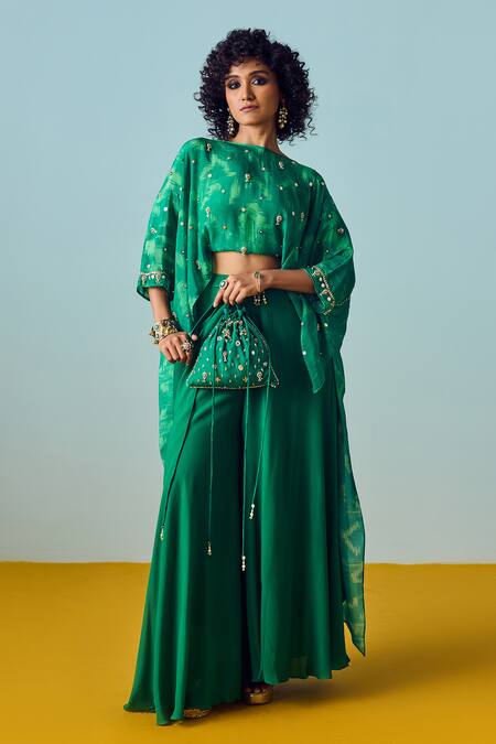 Prahnaaya Green Crepe Embroidery, Beads Round Neck Sea Hi-low Top And Flared Palazzo Set Online at Aza Fashions Prahnaaya_Green Crepe Embroidery, Beads Round Neck Sea Hi-low Top And Flared Palazzo Set _Online_at_Aza_Fashions