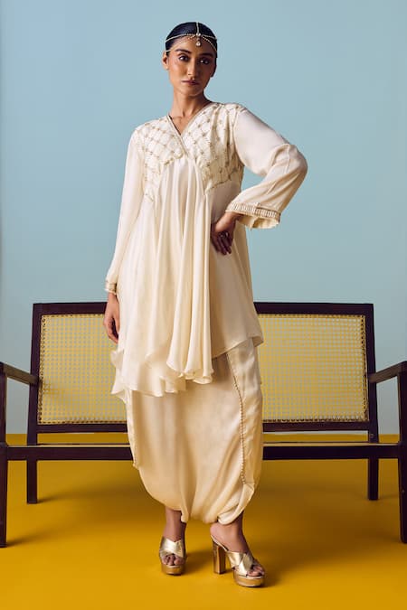 Prahnaaya White Satin, Silk Beads, Pearls, Sequins Asymmetric Flared Tunic And Skirt Set 