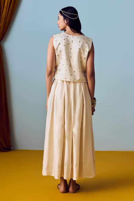 Shop_Prahnaaya_White Satin, Silk Round Neck Pearl Waistcoat And Skirt Set _at_Aza_Fashions