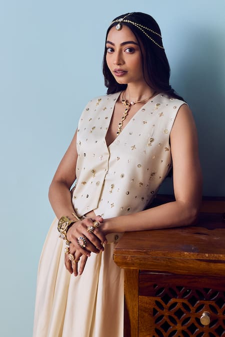 Shop_Prahnaaya_White Satin, Silk Round Neck Pearl Waistcoat And Skirt Set _Online_at_Aza_Fashions