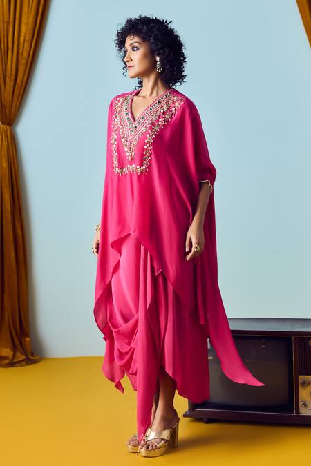Buy_Prahnaaya_Pink Crepe, Silk Beads, Pearls, Sequins Round Neck Maia Anti-fit Tunic Set _Online_at_Aza_Fashions
