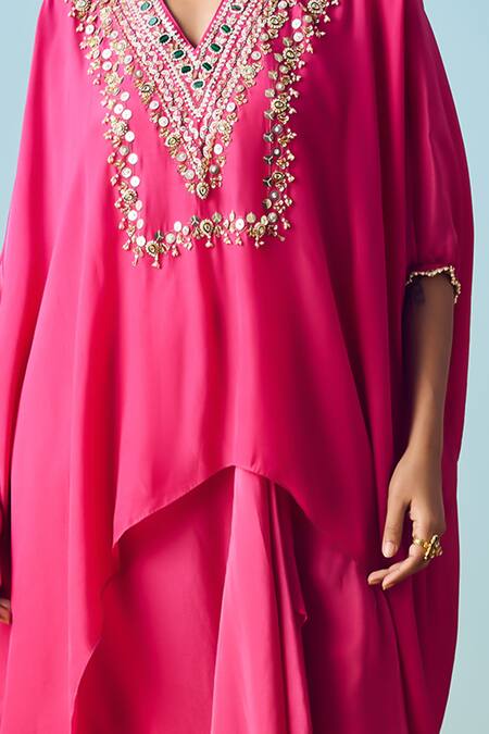 Shop_Prahnaaya_Pink Crepe, Silk Beads, Pearls, Sequins Round Neck Maia Anti-fit Tunic Set _Online_at_Aza_Fashions