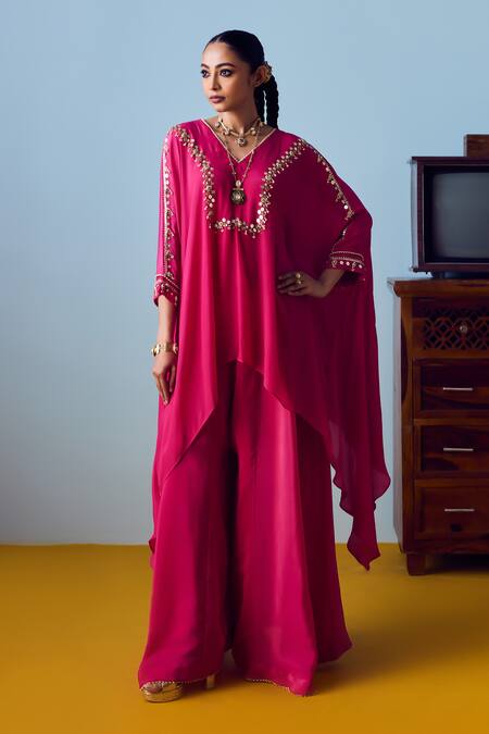 Prahnaaya_Pink Crepe, Silk Embroidery, Beads, Sequins Maia Anti-fit Tunic Palazzo Set _Online_at_Aza_Fashions