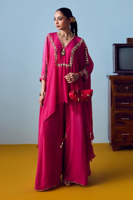 Buy_Prahnaaya_Pink Crepe, Silk Embroidery, Beads, Sequins Maia Anti-fit Tunic Palazzo Set _Online_at_Aza_Fashions