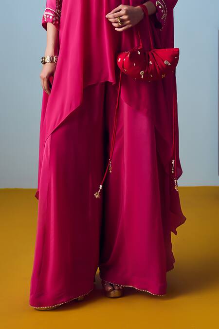 Shop_Prahnaaya_Pink Crepe, Silk Embroidery, Beads, Sequins Maia Anti-fit Tunic Palazzo Set _Online_at_Aza_Fashions