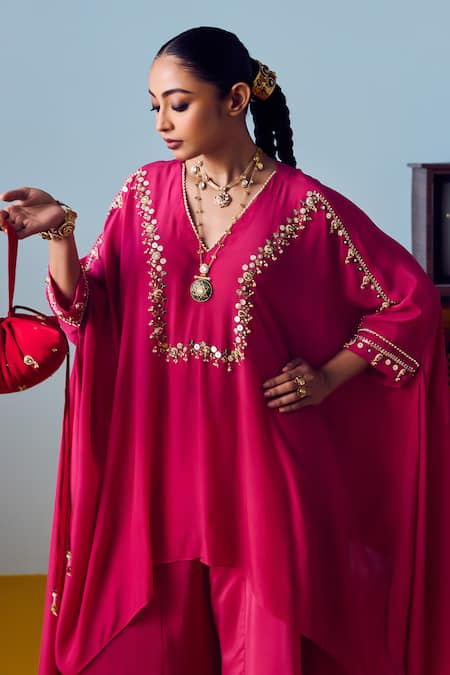 Prahnaaya_Pink Crepe, Silk Embroidery, Beads, Sequins Maia Anti-fit Tunic Palazzo Set _at_Aza_Fashions