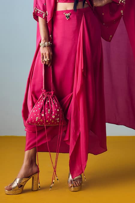 Prahnaaya_Pink Crepe, Silk Embroidery, Sequins, Beads Round Nexa Hi Low Top And Skirt Set _Online_at_Aza_Fashions