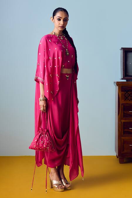 Buy_Prahnaaya_Pink Crepe, Silk Embroidery, Sequins, Beads Round Nexa Hi Low Top And Skirt Set _Online_at_Aza_Fashions