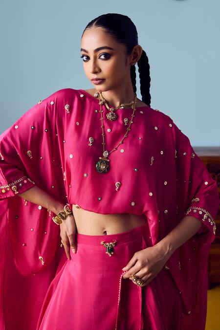 Shop_Prahnaaya_Pink Crepe, Silk Embroidery, Sequins, Beads Round Nexa Hi Low Top And Skirt Set _Online_at_Aza_Fashions