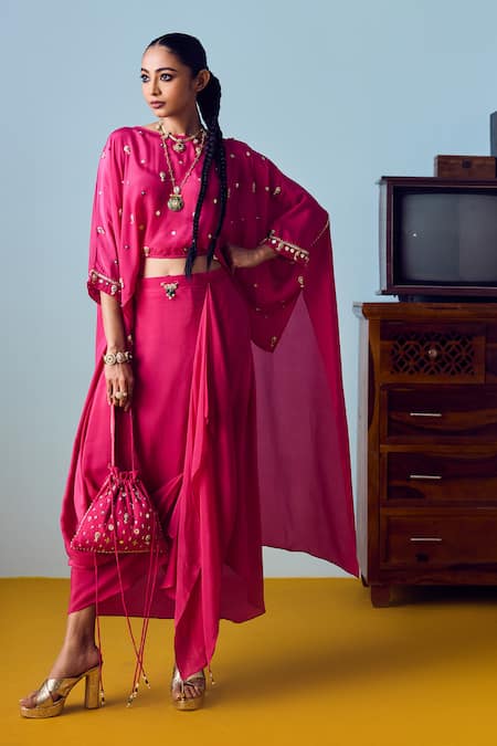 Prahnaaya Nexa Pink Hi Low Top & Skirt Set 