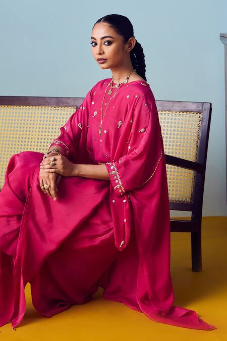 Prahnaaya_Pink Crepe, Silk Embroidery, Sequins, Beads Round Nexa Hi Low Top And Skirt Set _at_Aza_Fashions