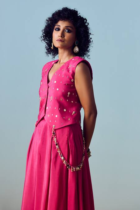 Prahnaaya_Pink Crepe, Silk Pearls, Sequins, Beads, Embroidery Prih Waistcoat And Skirt Set _Online_at_Aza_Fashions