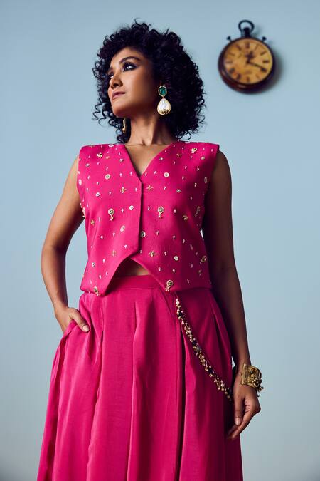 Buy_Prahnaaya_Pink Crepe, Silk Pearls, Sequins, Beads, Embroidery Prih Waistcoat And Skirt Set _Online_at_Aza_Fashions