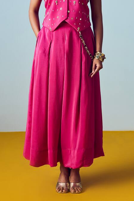 Shop_Prahnaaya_Pink Crepe, Silk Pearls, Sequins, Beads, Embroidery Prih Waistcoat And Skirt Set _Online_at_Aza_Fashions