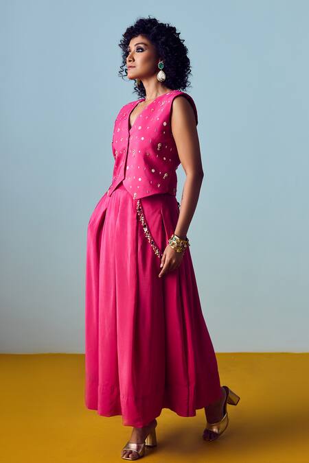 Prahnaaya_Pink Crepe, Silk Pearls, Sequins, Beads, Embroidery Prih Waistcoat And Skirt Set _at_Aza_Fashions