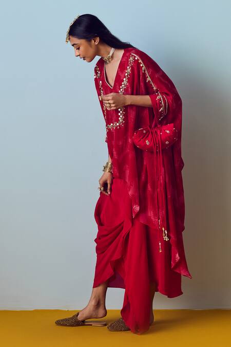 Prahnaaya_Red Crepe, Silk Embroidery V-neck Maia Anti-fit Tunic Set _Online_at_Aza_Fashions
