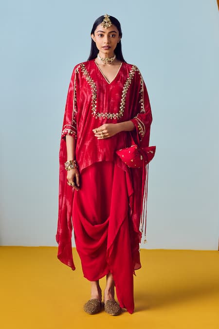 Buy_Prahnaaya_Red Crepe, Silk Embroidery V-neck Maia Anti-fit Tunic Set _Online_at_Aza_Fashions