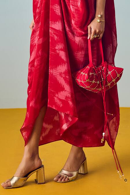 Prahnaaya_Red Crepe, Silk Embroidery V-neck Nexa Hi-low Top And Wrap Skirt Set _Online_at_Aza_Fashions