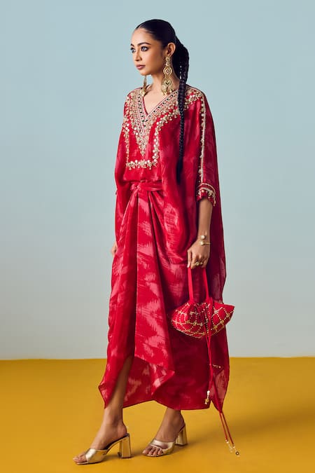 Buy_Prahnaaya_Red Crepe, Silk Embroidery V-neck Nexa Hi-low Top And Wrap Skirt Set _Online_at_Aza_Fashions