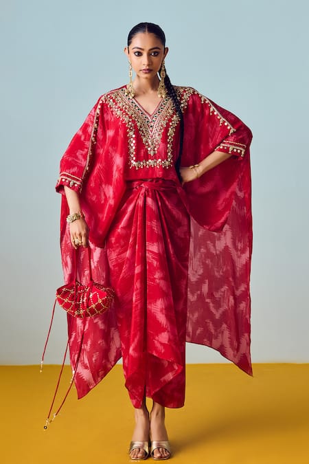 Prahnaaya Nexa Red Hi-Low Top & Wrap Skirt Set 