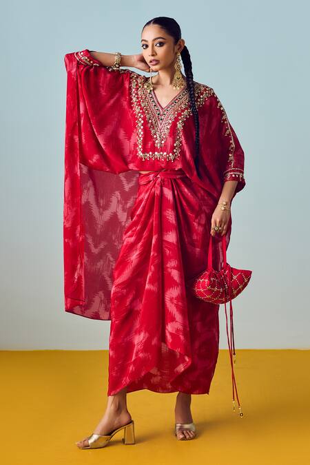 Shop_Prahnaaya_Red Crepe, Silk Embroidery V-neck Nexa Hi-low Top And Wrap Skirt Set _Online_at_Aza_Fashions
