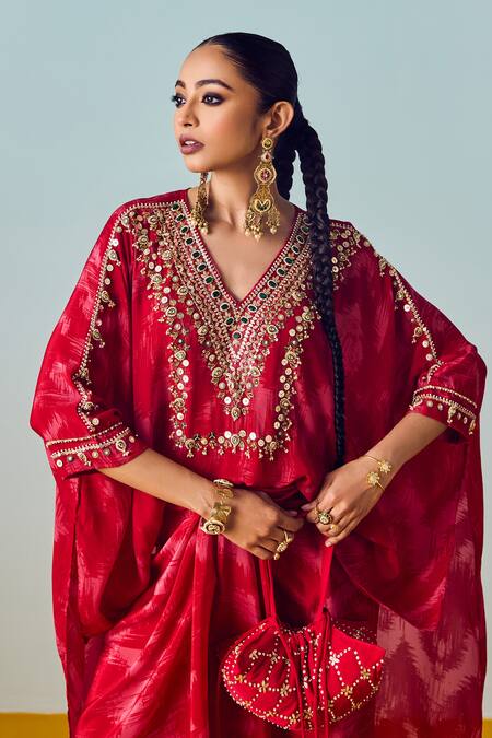 Prahnaaya_Red Crepe, Silk Embroidery V-neck Nexa Hi-low Top And Wrap Skirt Set _at_Aza_Fashions