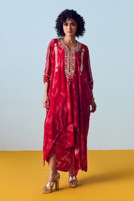 Prahnaaya_Red Crepe, Silk Embroidery, Beads, Sequins Raso Hand-embroidered Kaftan Set _Online_at_Aza_Fashions