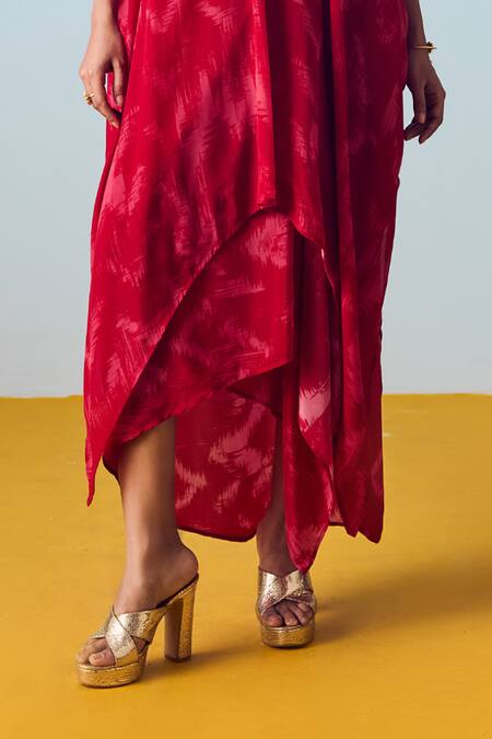 Buy_Prahnaaya_Red Crepe, Silk Embroidery, Beads, Sequins Raso Hand-embroidered Kaftan Set _Online_at_Aza_Fashions
