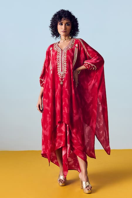 Prahnaaya Red Crepe, Silk Embroidery, Beads, Sequins Raso Hand-embroidered Kaftan Set 