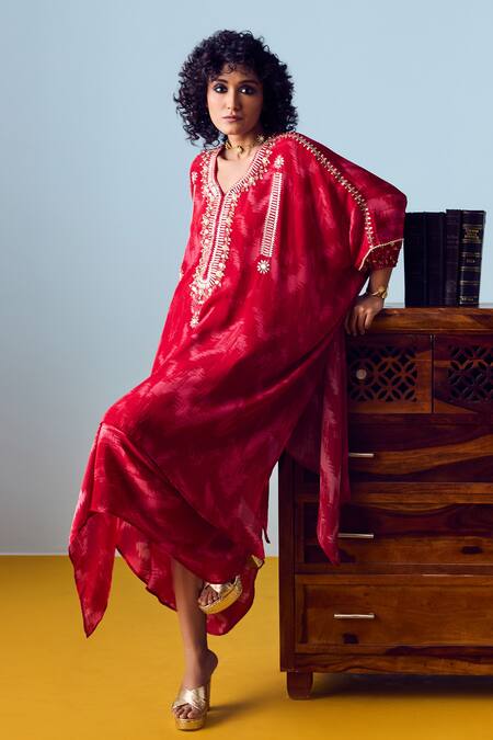 Shop_Prahnaaya_Red Crepe, Silk Embroidery, Beads, Sequins Raso Hand-embroidered Kaftan Set _Online_at_Aza_Fashions