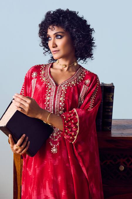 Prahnaaya_Red Crepe, Silk Embroidery, Beads, Sequins Raso Hand-embroidered Kaftan Set _at_Aza_Fashions