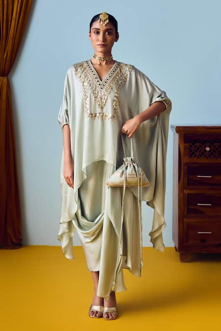 Prahnaaya Sage Green Hand-Embroidered Tunic Set 