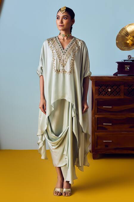 Buy_Prahnaaya_Green Satin, Silk Beads, Sequins, Embroidery Round Neck Sage Tunic Set _Online_at_Aza_Fashions