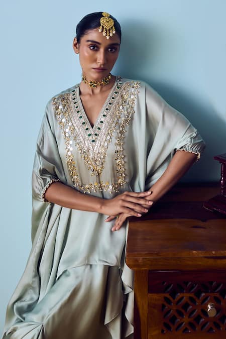 Prahnaaya_Green Satin, Silk Beads, Sequins, Embroidery Round Neck Sage Tunic Set _at_Aza_Fashions