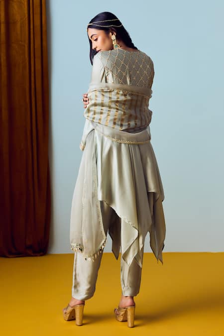 Prahnaaya Asymmetric Sage Green Kurta Set 