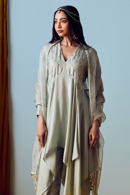 Buy_Prahnaaya_Green Satin, Silk Beads, Sequins V-neck Asymmetric Sage Kurta Set _Online_at_Aza_Fashions