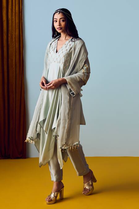Shop_Prahnaaya_Green Satin, Silk Beads, Sequins V-neck Asymmetric Sage Kurta Set _Online_at_Aza_Fashions