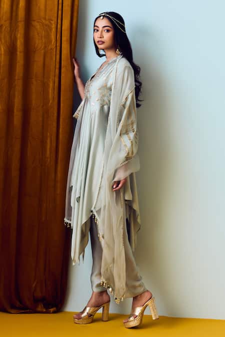 Prahnaaya_Green Satin, Silk Beads, Sequins V-neck Asymmetric Sage Kurta Set _at_Aza_Fashions