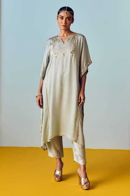 Prahnaaya Green Satin Embroidery Round Neck Sage Kaftan Pant Set 