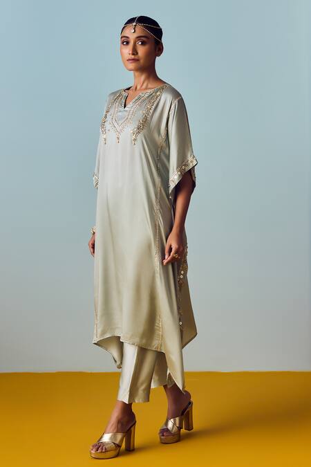 Prahnaaya_Green Satin Embroidery Round Neck Sage Kaftan Pant Set _Online_at_Aza_Fashions