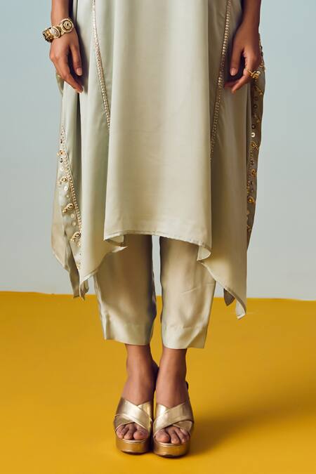 Buy_Prahnaaya_Green Satin Embroidery Round Neck Sage Kaftan Pant Set _Online_at_Aza_Fashions