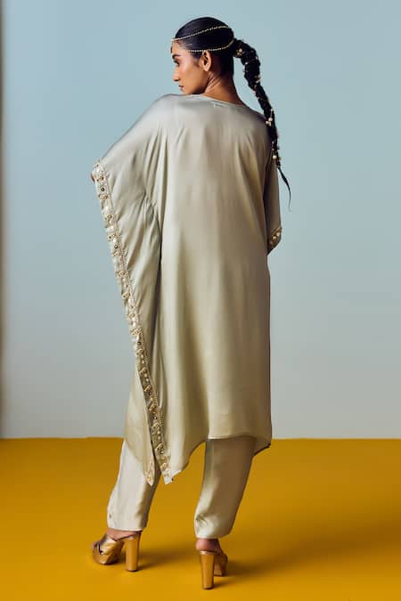 Prahnaaya Sage Green Hand-Embroidered Kaftan Pant Set 