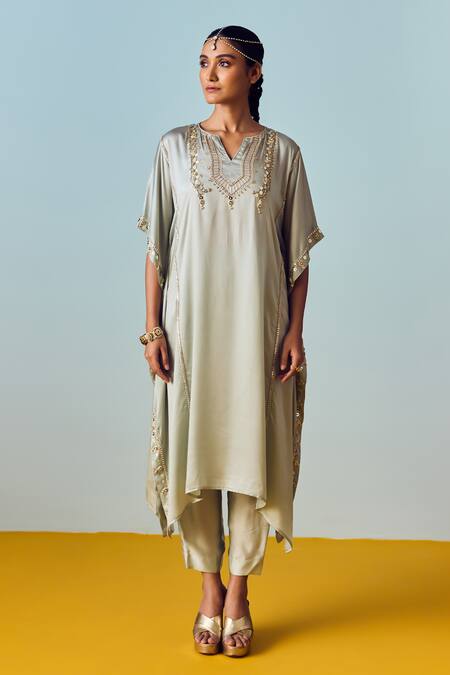 Shop_Prahnaaya_Green Satin Embroidery Round Neck Sage Kaftan Pant Set _Online_at_Aza_Fashions