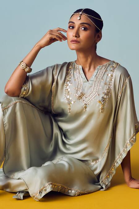 Prahnaaya_Green Satin Embroidery Round Neck Sage Kaftan Pant Set _at_Aza_Fashions